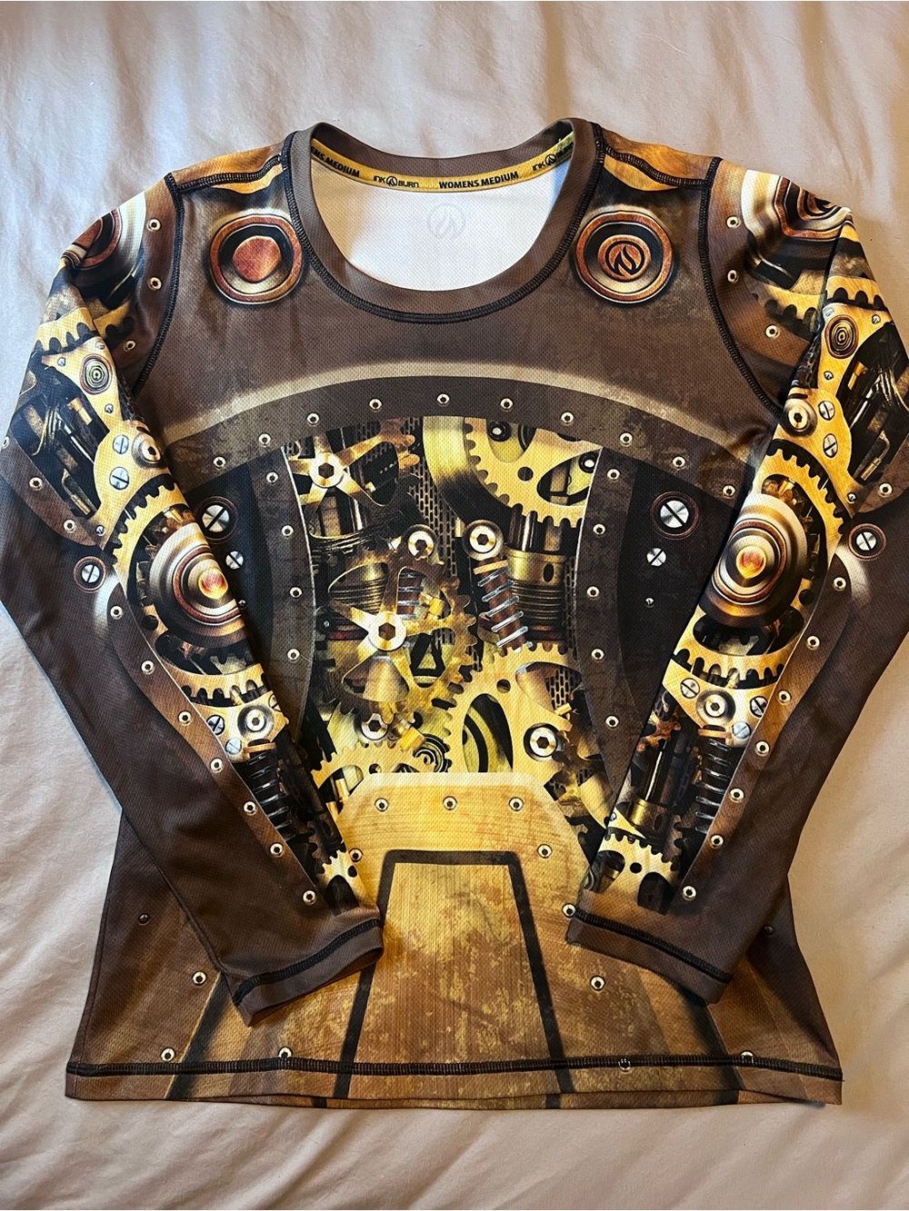 INKnBURN Steampunk Gear Print Long Sleeve Top in Brown and Gold